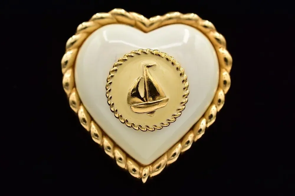 Vintage Heart Sail Boat Nautical Pin Brooch Chunky Heavy White Gold 1990s BinAL